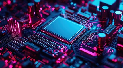 Obraz premium Detailed macro shot of a glowing microchip on a computer circuit board, highlighting technology, electronics, and modern computing