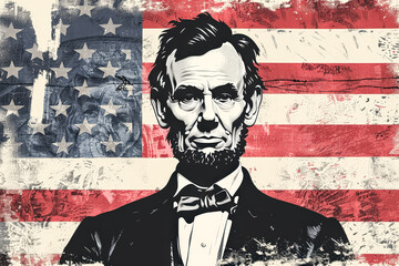 A man is standing in front of an American flag. Celebrating Lincoln's Birthday