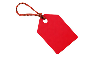 A vibrant red paper tag with a brown string loop, perfect for pricing or labeling items in retail or crafts.