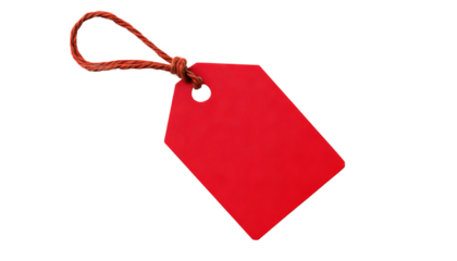 A vibrant red paper tag with a brown string loop, perfect for pricing or labeling items in retail or crafts.