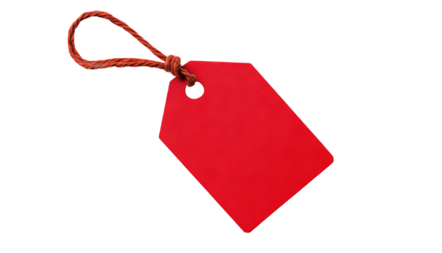 A vibrant red paper tag with a brown string loop, perfect for pricing or labeling items in retail or crafts.