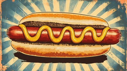 A hot dog in vintage poster style, evoking nostalgic vibes with retro typography and classic American diner imagery.