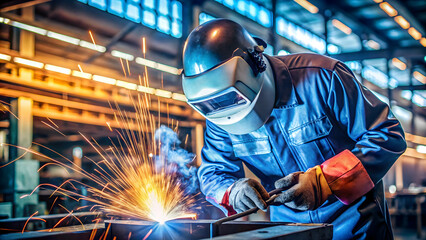 Safety-equipped individual performing high-precision welding work highlighted by fiery sparks.&rdquo;
