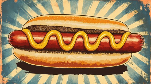 A hot dog in vintage poster style, evoking nostalgic vibes with retro typography and classic American diner imagery.