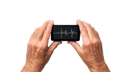 An elderly person holds a smartphone displaying a health monitor screen with heartbeat lines, symbolizing technology in healthcare.