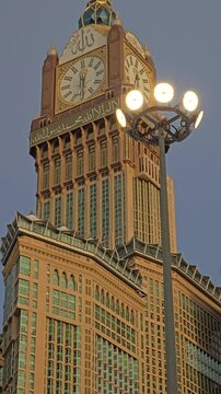 A close-up of the Makkah Royal Clock Tower at Masjid Al Haram in Makkah, Saudi Arabia