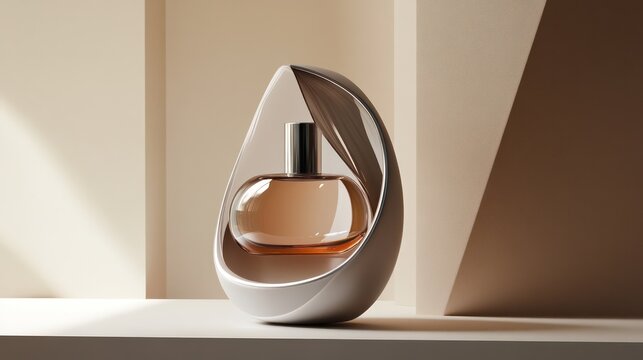 A futuristic perfume packaging design, featuring sleek, high-tech shapes and modern materials for a cutting-edge look.