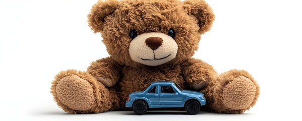 a teddy bear holding a toy car

