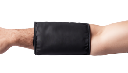 Close-up view of a blood pressure cuff on a person's arm, ideal for medical and healthcare-related projects.