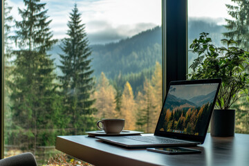 An image of a laptop on a wooden desk with a cup of coffee and a small potted plant beside it. The background shows a view of mountains and pine trees through a large window.
