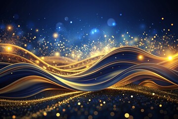 Dark blue abstract waves undulate across the screen, illuminated by vibrant gold splashes, creating a mesmerizing and luxurious desktop background perfect for modern devices.