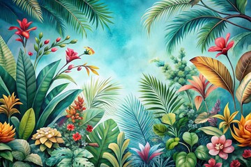 Fototapeta premium Vibrant watercolor illustration of lush tropical trees with intricate leaves, exotic flowers, and delicate branches, set against a soft, gradient blue background.