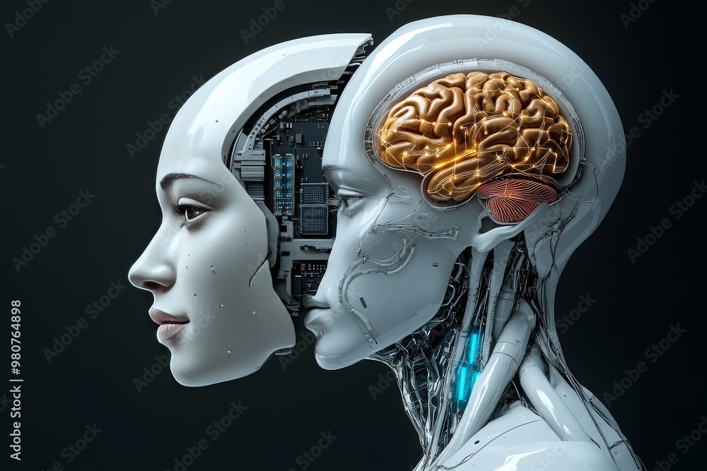 Poster side profile of human and humanoid robot heads merging digital brain technology with human cognition