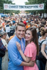 Naklejka premium Couple embracing at contraception awareness event among crowd. Design for the celebration of World Contraception Day, promotional products, health campaigns, educational materials.