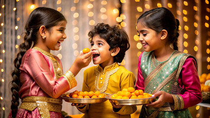 A candid moment of children exchanging sweets and celebrating Diwali together.