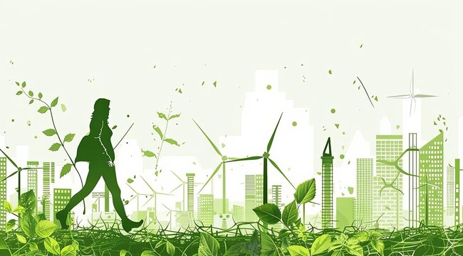 Una persona caminando por el lado izquierdo de un paisaje urbano con edificios ecol&oacute;gicos y turbinas e&oacute;licas, que representan una vida sostenible.