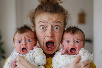 An image of a mother holding two babies, all displaying shocked and surprised expressions. The babies are dressed in matching white outfits with yellow patterns.