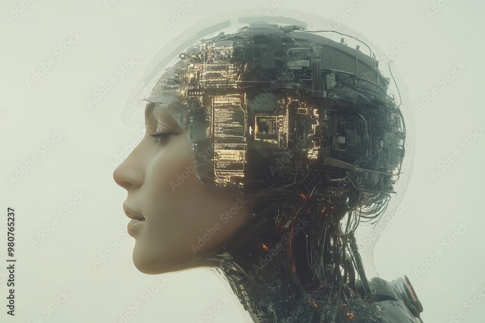 Poster profile of a woman with visible neural implants and cybernetic enhancements reflecting a fusion of h