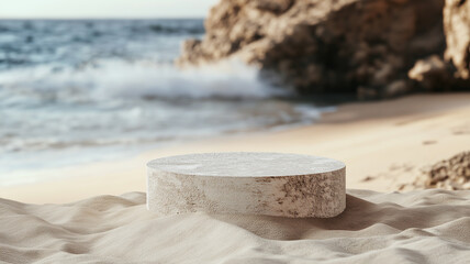 Stone podium on sand ground with blurred beach background. Pedestal for a product display stand.