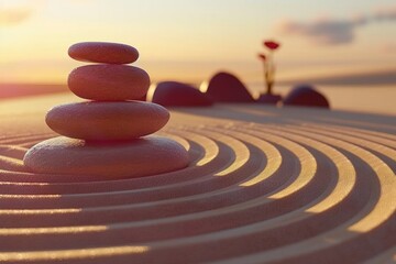 Zen sand garden meditation with stones for relaxation and balance.