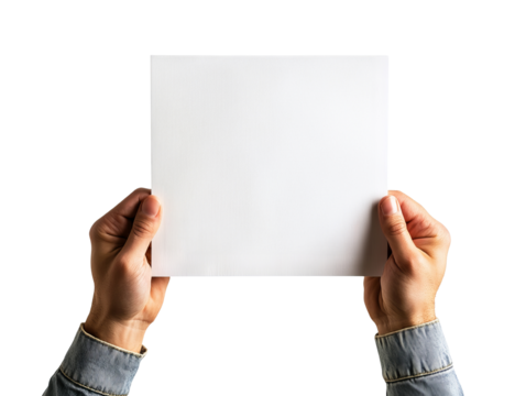 Hands holding a blank white paper, perfect for promotional materials, presentations, or creative projects.