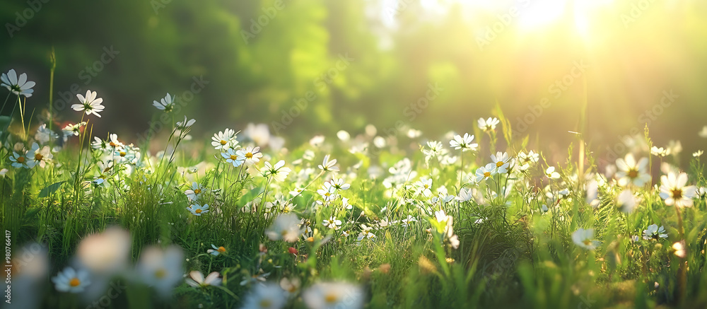 Sticker Summer meadow with wildflowers and grass under sunlight creating a nature aesthetic with wild growth and white blossoms ideal for a copy space image