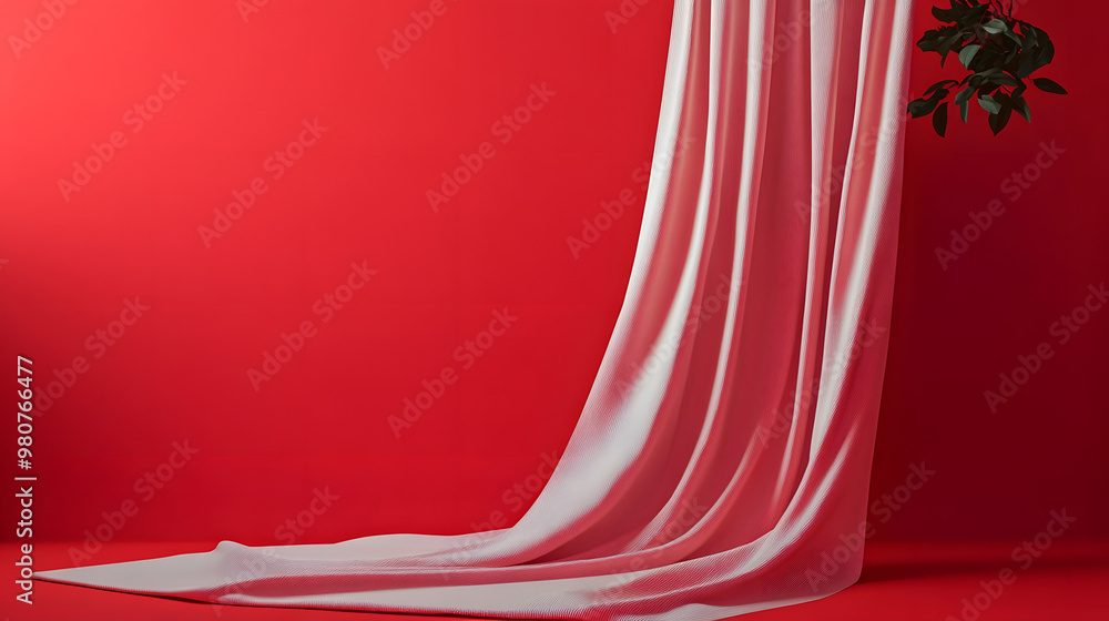Poster minimalist red backdrop with a single flowing curtain for product display.