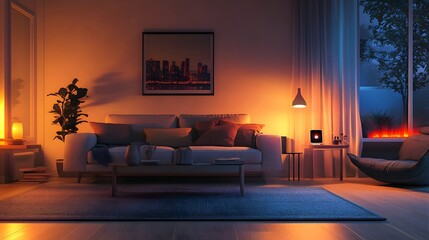 A Scandinavian-inspired living room featuring a smart thermostat and voice-activated lights