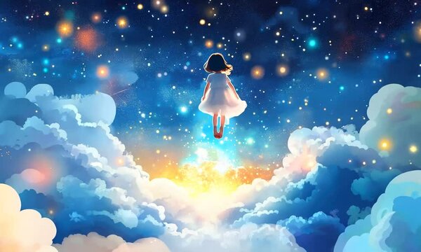 little girl flies in the clouds in the sky in a magic dream