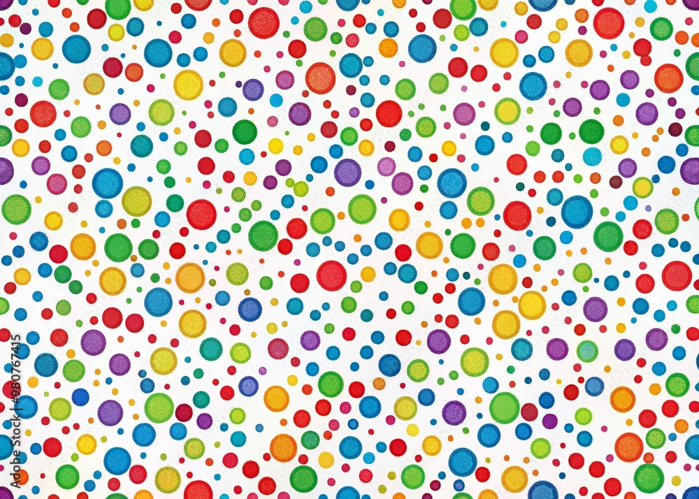 Poster vibrant colorful dots in irregular shapes scattered across a clean white background, creating a play