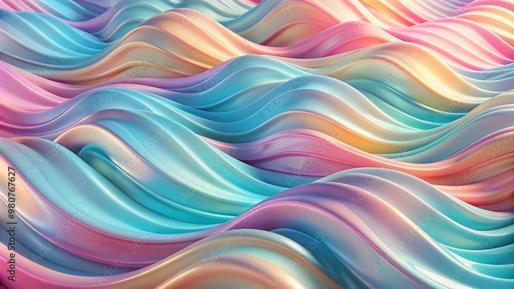 Poster soft pastel hues undulate in a mesmerizing 3d wave pattern, creating a serene and dreamy abstract ba