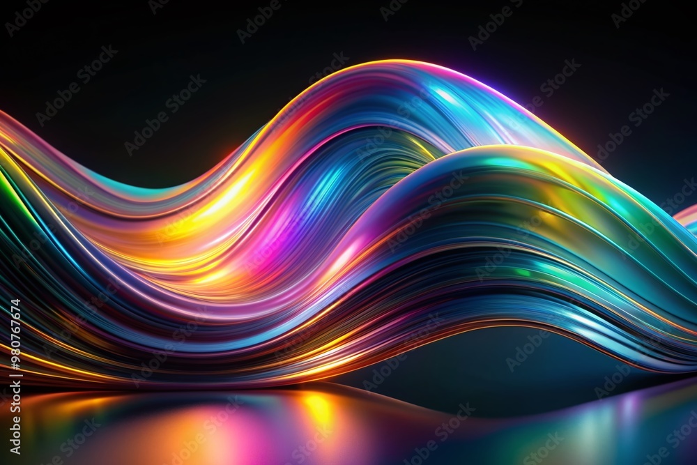 Poster vibrant fluid motion of curved wave undulates across black background, exhibiting iridescent hologra