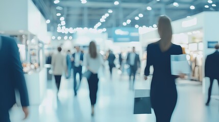 Blurred photo of an international business exhibition, with elegantly dressed people walking around and holding brochures or looking at display tables.