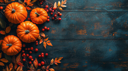 Autumn background with pumpkins, berries and leaves on dark rustic wooden background
