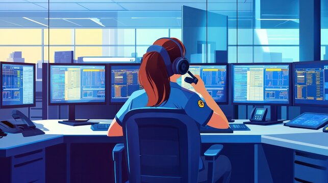 A 911 call operator illustration, showing a calm, professional dispatcher managing multiple emergency calls in a high-tech call center.