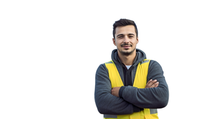 Happy man in reflective safety vest on transparent background PNG.

