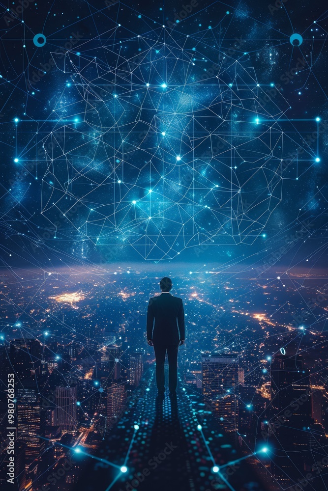 Poster a person gazes over a futuristic cityscape while surrounded by a digital universe of interconnected 