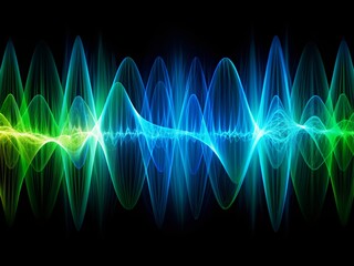 Fototapeta premium Vibrant blue and green abstract sound wave undulates on a dark black background, creating a mesmerizing digital wave pattern perfect for modern wallpapers and designs.