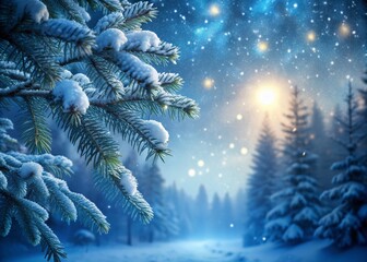 Snowflakes gently fall on frosty fir branches and a serene snowy forest, casting a peaceful silence over the winter night landscape.