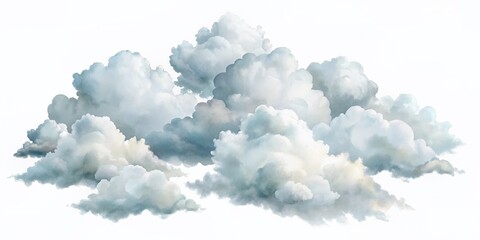Whimsical set of soft, white watercolor clouds drift across a transparent background, perfect for adding a touch of ethereal elegance to digital designs.