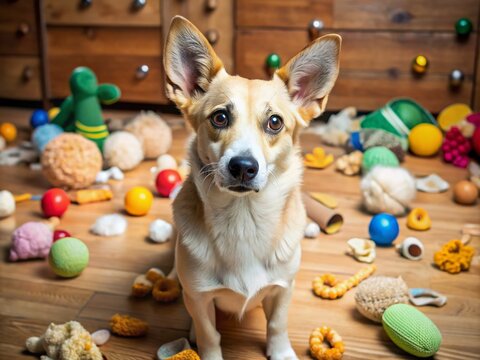 A embarrassed-looking dog sits with ears back, tail tucked in, and eyes cast downward, surrounded by scattered toys