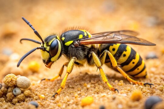 A European beewolf wasp, a yellow and black insect, perches on a sandy surface, its long antennae and