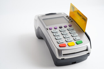 Payment POS terminal isolated on white background with colpy space, technology for finance and shopping business.