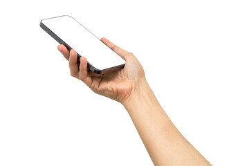 Mobile smart phone with white blank screen in Asian lady hand  for communication isolated on white background with clipping path.