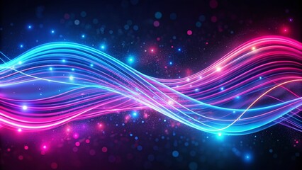 Obraz premium Vibrant pink and blue glowing neon wave lines move at high speed, blending with bokeh lights, evoking a sense of fast-paced data transfer in a futuristic abstract background.