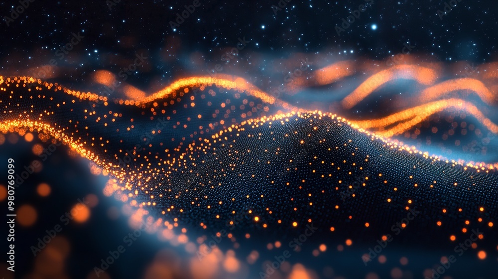 Aufkleber beautiful abstract background with glowing particles forming wavy patterns. orange and blue light do