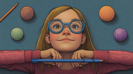 Illustration of a young learner engaged with educational materials.