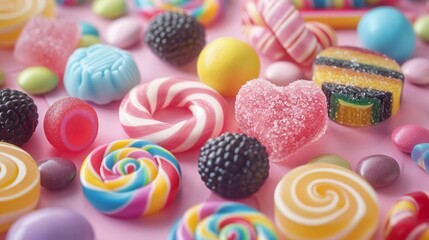 Fototapeta premium Colorful assortment of candies on a pink background featuring various shapes and flavors, perfect for sweet treats