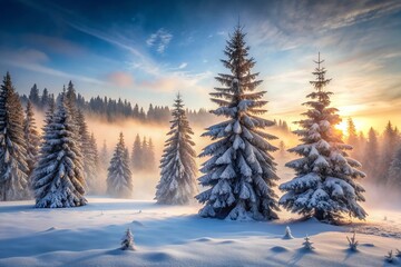 Fototapeta premium Serene winter landscape of snow-covered fir trees standing tall amidst frozen misty forest floor, surrounded by icy silence and gentle morning fog.