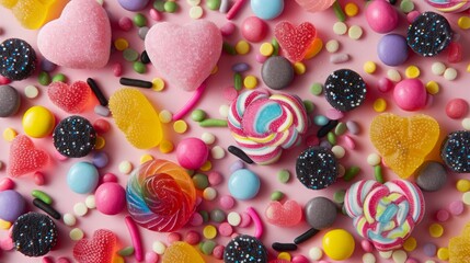 Fototapeta premium A vibrant assortment of colorful candies and sweets set against a pastel pink background, perfect for celebrations and treat-filled occasions